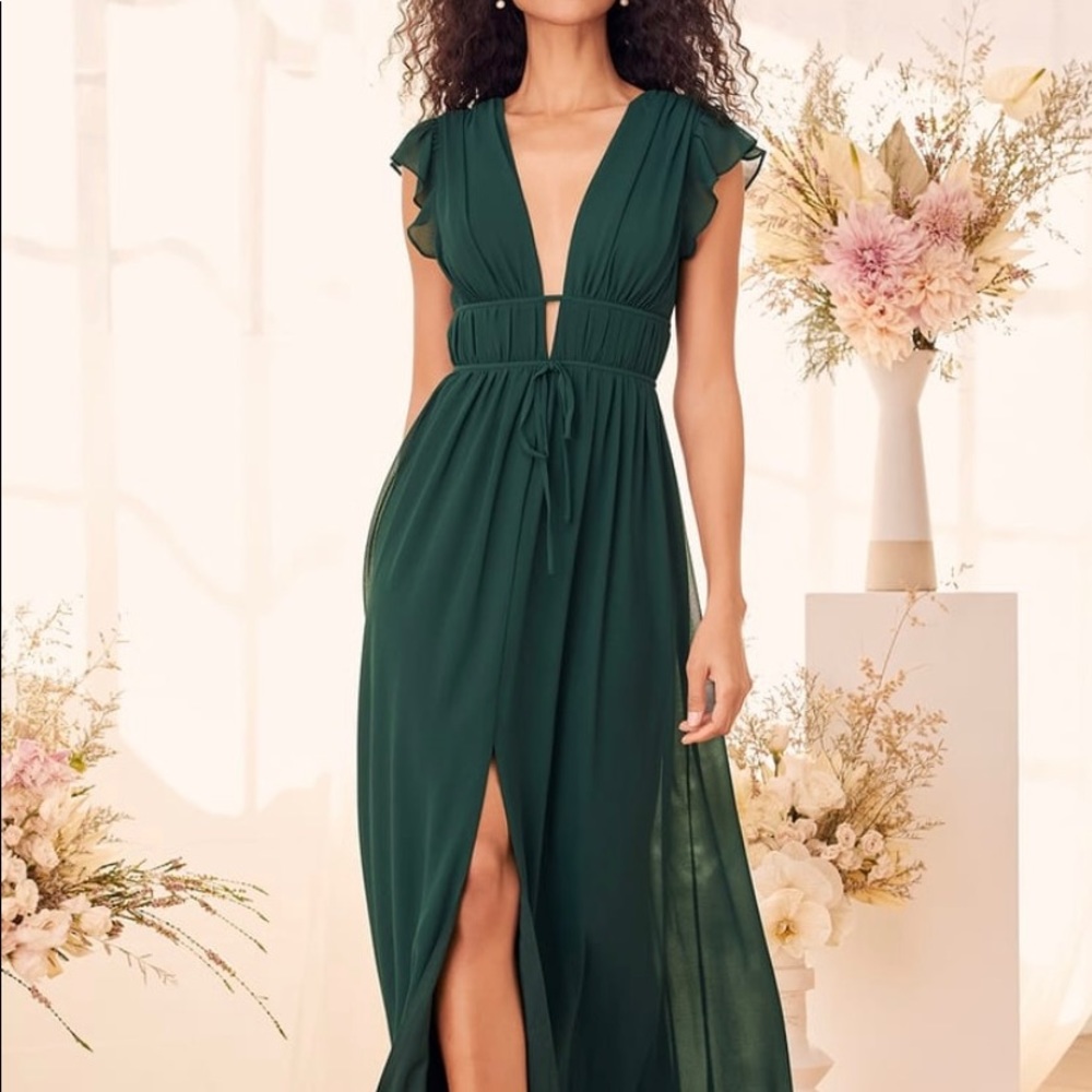 Lulus I’m all yours Emerald Green Ruffled Maxi Dress